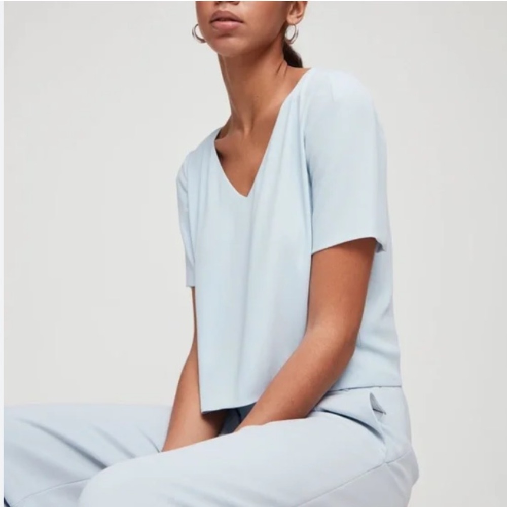 XXS Babaton Aritzia Randy Baby Blue Short Sleeve Blouse Office Business Casual